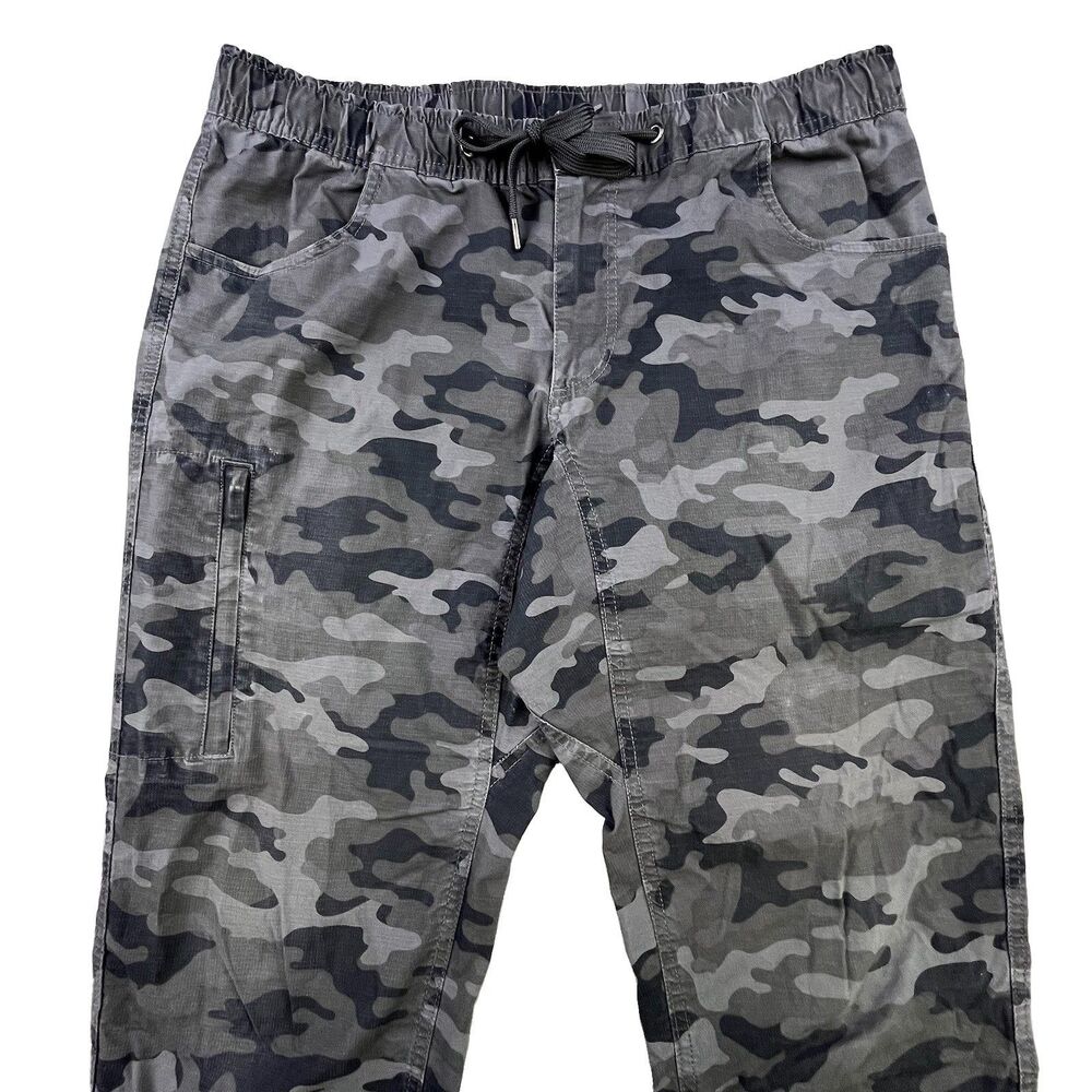 BYLT Weekender Pant Mens Large Gray Camo Tapered Drawstring Stretch Cargo Pocket